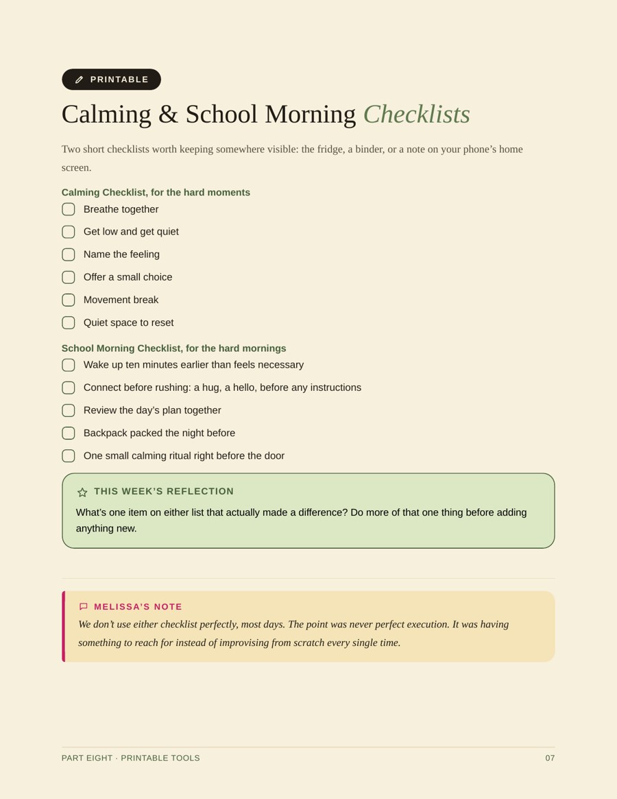 Checklists page from The Better Days Toolkit